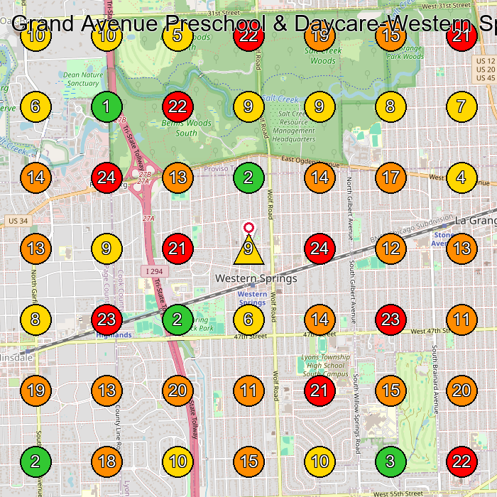 Grand Avenue Preschool & Daycare-Western Springs Day Care Center GeoGrid ranking map for Western Springs IL